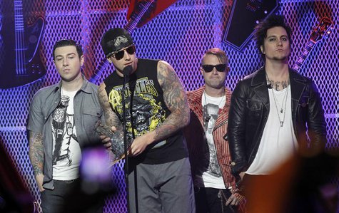 M. Shadows (2nd L) and rock band Avenged Sevenfold accept the Affliction Album of the Year award at the 3rd annual Golden Gods awards in Los M. Shadows (2nd L) and rock band Avenged Sevenfold accept the Affliction Album of the Year award at the 3rd annual Golden Gods awards in Los