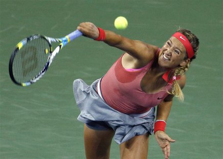 Victoria Azarenka of Belarus serves to Daniela Hantuchova of Slovakia during their women's quarter-final match at the U.S. Open tennis champ Victoria Azarenka of Belarus serves to Daniela Hantuchova of Slovakia during their women's quarter-final match at the U.S. Open tennis champ