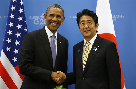 U.S. President Barack Obama (L) shakes hands with Japanese Prime Minister Shinzo Abe at the G20 Summit in St. Petersburg, Russia September 5 U.S. President Barack Obama (L) shakes hands with Japanese Prime Minister Shinzo Abe at the G20 Summit in St. Petersburg, Russia September 5
