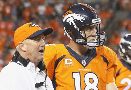 Denver Broncos quarterback Peyton Manning (R) listens to Broncos head coach John Fox late in the fourth quarter in their NFL football game a Denver Broncos quarterback Peyton Manning (R) listens to Broncos head coach John Fox late in the fourth quarter in their NFL football game a