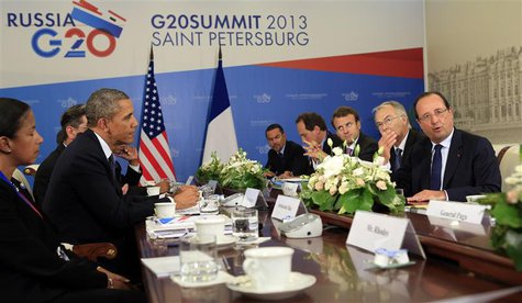 U.S. President Barack Obama meets with French President Francois Hollande at the G20 Summit in St. Petersburg, Russia September 6, 2013. REU U.S. President Barack Obama meets with French President Francois Hollande at the G20 Summit in St. Petersburg, Russia September 6, 2013. REU