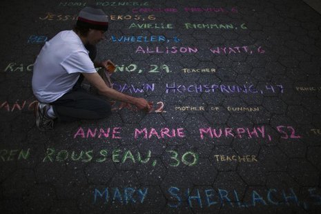 Street artist Mark Panzarino, 41, prepares a memorial as he writes the names of the Sandy Hook Elementary School victims during the six-mont Street artist Mark Panzarino, 41, prepares a memorial as he writes the names of the Sandy Hook Elementary School victims during the six-mont