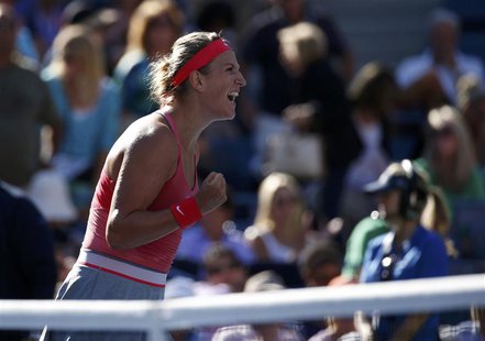 Victoria Azarenka of Belarus celebrates winning match point against Flavia Pennetta of Italy at the U.S. Open tennis championships in New Yo Victoria Azarenka of Belarus celebrates winning match point against Flavia Pennetta of Italy at the U.S. Open tennis championships in New Yo