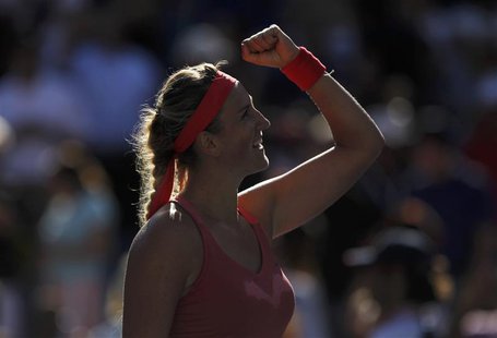 Victoria Azarenka of Belarus celebrates winning match point against Flavia Pennetta of Italy at the U.S. Open tennis championships in New Yo Victoria Azarenka of Belarus celebrates winning match point against Flavia Pennetta of Italy at the U.S. Open tennis championships in New Yo