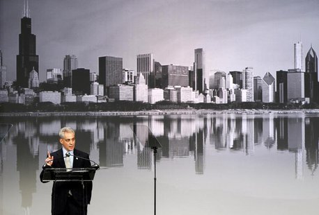 Chicago Mayor Rahm Emanuel addresses a crowd of teachers and politicans during an event to bring physical activity back to schools, hosted b Chicago Mayor Rahm Emanuel addresses a crowd of teachers and politicans during an event to bring physical activity back to schools, hosted b