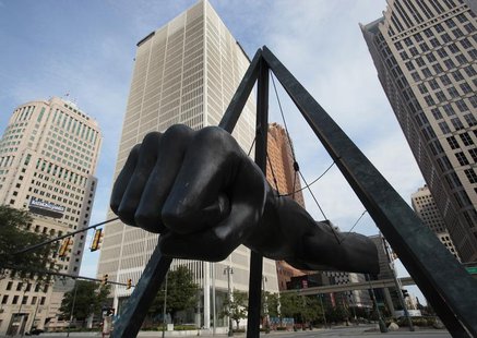 A sculptor of a giant fist in honor of American boxer and heavy weight champion Joe Louis sits at the intersection of Woodward and Jefferson A sculptor of a giant fist in honor of American boxer and heavy weight champion Joe Louis sits at the intersection of Woodward and Jefferson