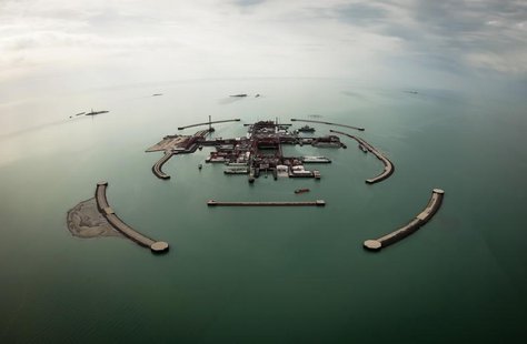 An aerial view shows artificial islands on Kashagan offshore oil field in the Caspian sea, western Kazakhstan, April 7, 2013. Picture taken An aerial view shows artificial islands on Kashagan offshore oil field in the Caspian sea, western Kazakhstan, April 7, 2013. Picture taken