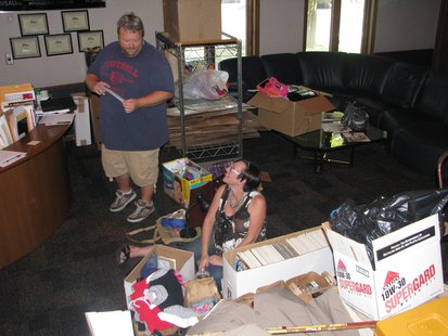 WDEZ's Bryan and Nikki sorting items for the Rummage Sale for St. Jude's in the radio station's lobby Friday. WDEZ's Bryan and Nikki sorting items for the Rummage Sale for St. Jude's in the radio station's lobby Friday.