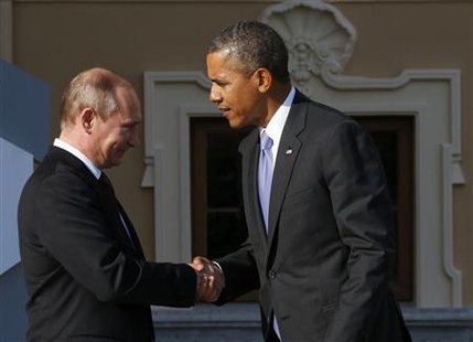 0. Russia's President Vladimir Putin (L) welcomes U.S. President Barack Obama before the first working session of the G20 Summit in Constantine Palace in Strelna near St. Petersburg, September 5, 2013.
Credit: REUTERS/Grigory Dukor 0. Russia's President Vladimir Putin (L) welcomes U.S. President Barack Obama before the first working session of the G20 Summit in Constantine Palace in Strelna near St. Petersburg, September 5, 2013.
Credit: REUTERS/Grigory Dukor