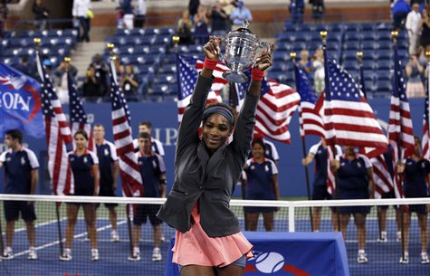 Serena Williams of the U.S. raises her trophy after defeating Victoria Azarenka of Belarus in their women's singles final match at the U.S. Serena Williams of the U.S. raises her trophy after defeating Victoria Azarenka of Belarus in their women's singles final match at the U.S.