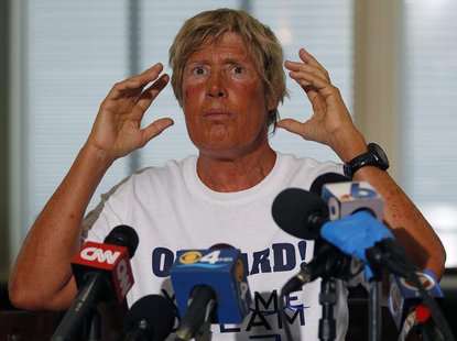 U.S. long-distance swimmer Diana Nyad, 64, who completed her swim from Cuba to Key West, Florida, yesterday, speaks at a news conference on U.S. long-distance swimmer Diana Nyad, 64, who completed her swim from Cuba to Key West, Florida, yesterday, speaks at a news conference on