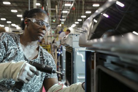 Belinda Hall assembles the trim on an oven range at the Whirlpool manufacturing plant in Cleveland, Tennessee August 21, 2013. REUTERS/Chris Belinda Hall assembles the trim on an oven range at the Whirlpool manufacturing plant in Cleveland, Tennessee August 21, 2013. REUTERS/Chris
