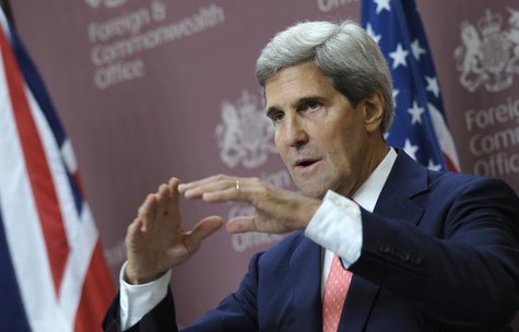 U.S. Secretary of State John Kerry speaks during a news conference with Britain's Foreign Minister William Hague at the Foreign and Commonwe U.S. Secretary of State John Kerry speaks during a news conference with Britain's Foreign Minister William Hague at the Foreign and Commonwe
