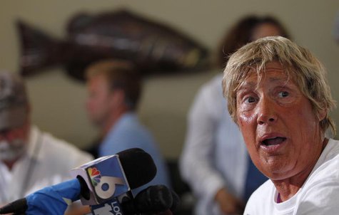 U.S. long-distance swimmer Diana Nyad, 64, who completed her swim from Cuba to Key West, Florida, yesterday, speaks at a news conference on U.S. long-distance swimmer Diana Nyad, 64, who completed her swim from Cuba to Key West, Florida, yesterday, speaks at a news conference on