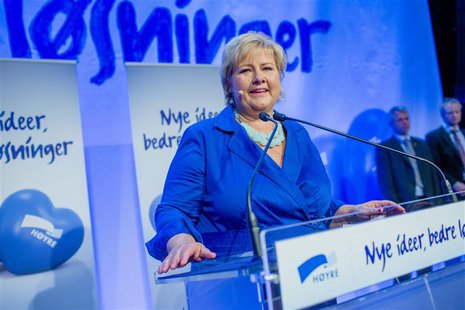 Norway's main opposition leader Erna Solberg of Hoyre speaks to party members while waiting for the results of the general elections in Oslo Norway's main opposition leader Erna Solberg of Hoyre speaks to party members while waiting for the results of the general elections in Oslo