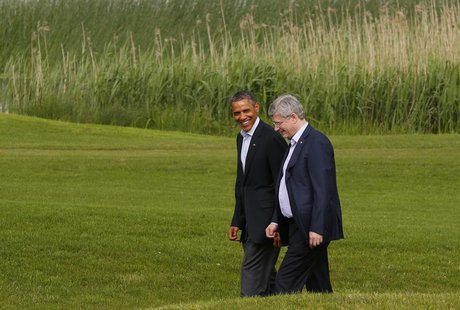 U.S. President Barack Obama walks with Canadian Prime Minister Stephen Harper during the G8 summit at Lough Erne Resort in Enniskillen, Nort U.S. President Barack Obama walks with Canadian Prime Minister Stephen Harper during the G8 summit at Lough Erne Resort in Enniskillen, Nort
