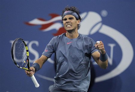 Rafael Nadal of Spain celebrates a point against Novak Djokovic of Serbia in their men's final match at the U.S. Open tennis championships i Rafael Nadal of Spain celebrates a point against Novak Djokovic of Serbia in their men's final match at the U.S. Open tennis championships i