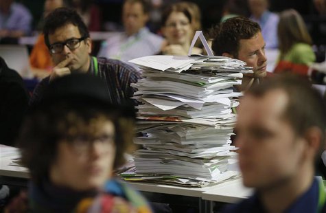 File photo of congress documents piled up during a party congress of Germany's environmental party Die Gruenen (The Greens), in Berlin, Apri File photo of congress documents piled up during a party congress of Germany's environmental party Die Gruenen (The Greens), in Berlin, Apri