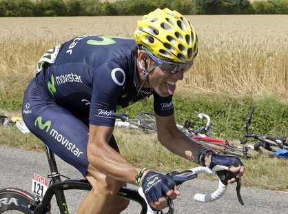 Movistar team rider Alejandro Valverde of Spain cycles during the 173 km thirteenth stage of the centenary Tour de France cycling race from Movistar team rider Alejandro Valverde of Spain cycles during the 173 km thirteenth stage of the centenary Tour de France cycling race from