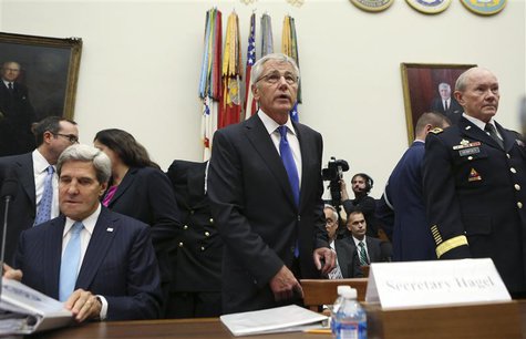 U.S. Secretary of State John Kerry (L), Defense Secretary Chuck Hagel (C) and Chairman of the Joint Chiefs of Staff U.S. Army General Martin U.S. Secretary of State John Kerry (L), Defense Secretary Chuck Hagel (C) and Chairman of the Joint Chiefs of Staff U.S. Army General Martin