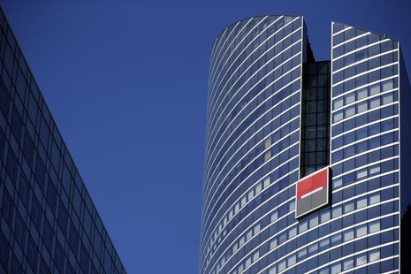 The logo of French bank Societe Generale is seen on a building in the financial district of La Defense near Paris August 1, 2013. REUTERS/Be The logo of French bank Societe Generale is seen on a building in the financial district of La Defense near Paris August 1, 2013. REUTERS/Be