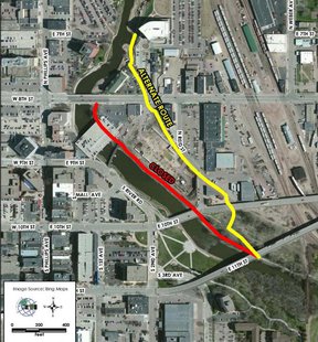 The Sioux Falls bike trail will include a short detour beginning today to accommodate repairs to the Eighth Street bridge over the river downtown. (SF.org) The Sioux Falls bike trail will include a short detour beginning today to accommodate repairs to the Eighth Street bridge over the river downtown. (SF.org)