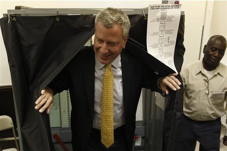 New York City Democratic mayoral candidate Bill de Blasio exits a voting booth after voting in the Democratic primary election in the Brookl New York City Democratic mayoral candidate Bill de Blasio exits a voting booth after voting in the Democratic primary election in the Brookl
