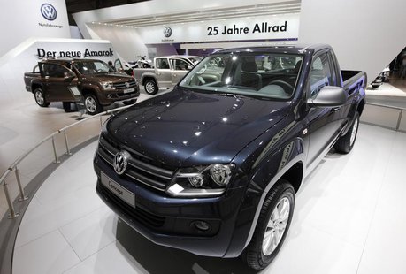 The new 'Amarok' vehicle is displayed at the Volkswagen exhibition area during a preview day at the IAA commercial vehicles trade fair in Ha The new 'Amarok' vehicle is displayed at the Volkswagen exhibition area during a preview day at the IAA commercial vehicles trade fair in Ha