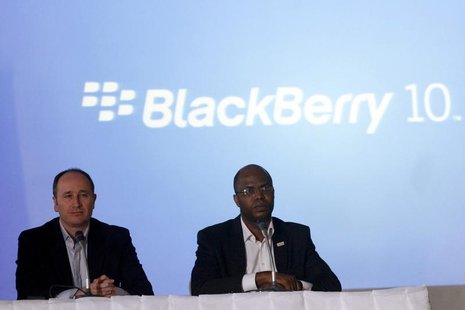 BlackBerry's Senior Director for Product Management Roger Enright (L) sits with Uzo Eziukwu, CEO of Parkway Projects which is partnering wit BlackBerry's Senior Director for Product Management Roger Enright (L) sits with Uzo Eziukwu, CEO of Parkway Projects which is partnering wit