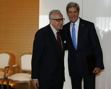 U.S. Secretary of State John Kerry (R) meets with the U.N. Special Representative for Syria Lakhdar Brahimi in Geneva September 12, 2013. RE U.S. Secretary of State John Kerry (R) meets with the U.N. Special Representative for Syria Lakhdar Brahimi in Geneva September 12, 2013. RE