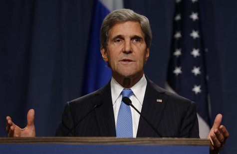 U.S. Secretary of State John Kerry delivers his opening remarks to the media before a meeting with Russian Foreign Minister Sergey Lavrov to U.S. Secretary of State John Kerry delivers his opening remarks to the media before a meeting with Russian Foreign Minister Sergey Lavrov to