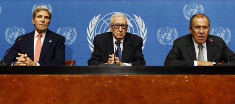 U.S. Secretary of State John Kerry (L) sits with U.N. Special Representative Lakhdar Brahimi (C) and Russian Foreign Minister Sergei Lavrov U.S. Secretary of State John Kerry (L) sits with U.N. Special Representative Lakhdar Brahimi (C) and Russian Foreign Minister Sergei Lavrov
