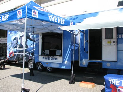 THE REF, Transportable High-End Rider Education Facility, set up for motorcycle safety education. It features video presentations, simulators, and a knowledgeable staff to answer questions. THE REF, Transportable High-End Rider Education Facility, set up for motorcycle safety education. It features video presentations, simulators, and a knowledgeable staff to answer questions.