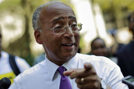 New York City mayoral candidate Bill Thompson speaks to the media after participating in the New York City Candidate Stickball Challenge in New York City mayoral candidate Bill Thompson speaks to the media after participating in the New York City Candidate Stickball Challenge in