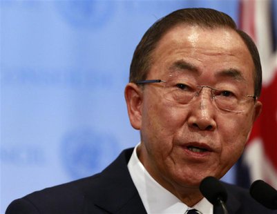 United Nations Secretary-General Ban Ki-moon speaks to the media after briefing the Security Council on the U.N. chemical weapons report on United Nations Secretary-General Ban Ki-moon speaks to the media after briefing the Security Council on the U.N. chemical weapons report on