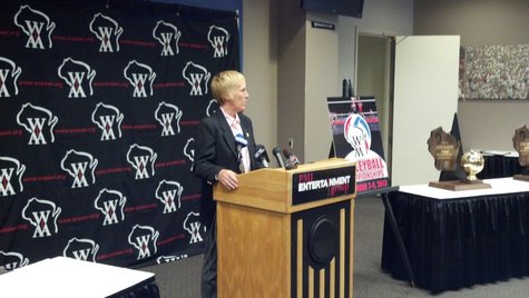 WIAA Associate Director Deb Hauser speaking during a press conference announcing an agreement to hold the girls' state basketball and volleyball tournaments at the Resch Center until 2020. (Photo by: WTAQ Reporter Jeff Flynt). WIAA Associate Director Deb Hauser speaking during a press conference announcing an agreement to hold the girls' state basketball and volleyball tournaments at the Resch Center until 2020. (Photo by: WTAQ Reporter Jeff Flynt).