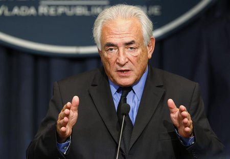 Former International Monetary Fund (IMF) chief Dominique Strauss-Kahn speaks during a news conference in the Serbian government building in Former International Monetary Fund (IMF) chief Dominique Strauss-Kahn speaks during a news conference in the Serbian government building in