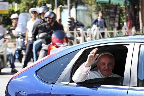 Pope Francis waves from a car as he leaves at the end of his visit to the Basilica of Saint John Lateran in Rome September 16, 2013. REUTERS Pope Francis waves from a car as he leaves at the end of his visit to the Basilica of Saint John Lateran in Rome September 16, 2013. REUTERS