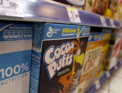 General Mills cereals are displayed on a market's shelf in New York, March 24, 2010. REUTERS/Brendan McDermid General Mills cereals are displayed on a market's shelf in New York, March 24, 2010. REUTERS/Brendan McDermid