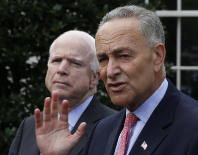 U.S. Senators Charles Schumer (D-NY), R, and John McCain (R-AZ) speak to the media after meeting with U.S. President Barack Obama about immi U.S. Senators Charles Schumer (D-NY), R, and John McCain (R-AZ) speak to the media after meeting with U.S. President Barack Obama about immi