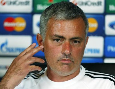 Chelsea's manager Jose Mourinho reacts to a reporter's question during a news conference a day before his team's Champions League soccer mat Chelsea's manager Jose Mourinho reacts to a reporter's question during a news conference a day before his team's Champions League soccer mat