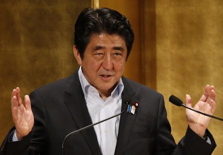 Japan's Prime Minister Shinzo Abe gestures as he delivers a speech at a seminar in Tokyo June 5, 2013. REUTERS/Toru Hanai Japan's Prime Minister Shinzo Abe gestures as he delivers a speech at a seminar in Tokyo June 5, 2013. REUTERS/Toru Hanai