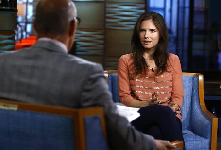 Amanda Knox, appearing on NBC News' "Today" show, speaks with host Matt Lauer (L) in New York, in this image released by NBC on September 20 Amanda Knox, appearing on NBC News' "Today" show, speaks with host Matt Lauer (L) in New York, in this image released by NBC on September 20