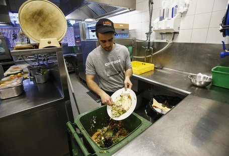 A cook throws away leftovers in the 'Auf da Muehle' restaurant in the western Austrian village of Soell June 2, 2013. REUTERS/Dominic Ebenbi A cook throws away leftovers in the 'Auf da Muehle' restaurant in the western Austrian village of Soell June 2, 2013. REUTERS/Dominic Ebenbi