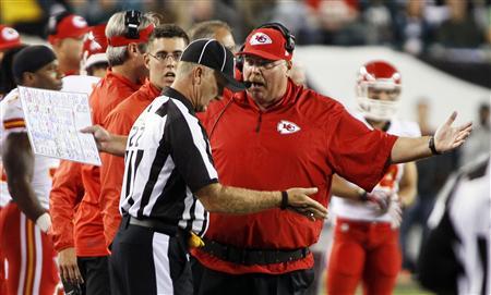 Kansas City Chiefs head coach Andy Reid (R) argues a call with an official during their NFL football game with the Philadelphia Eagles in Philadelphia, Pennsylvania, September 19, 2013. Kansas City won 26-16.
Credit: Reuters/Tom Mihalek Kansas City Chiefs head coach Andy Reid (R) argues a call with an official during their NFL football game with the Philadelphia Eagles in Philadelphia, Pennsylvania, September 19, 2013. Kansas City won 26-16.
Credit: Reuters/Tom Mihalek