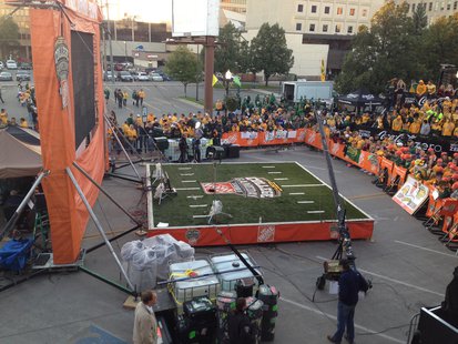 North Dakota State Bison fans wait for ESPN College Gameday to begin on Saturday September 21st, 2013 in Downtown Fargo. North Dakota State Bison fans wait for ESPN College Gameday to begin on Saturday September 21st, 2013 in Downtown Fargo.