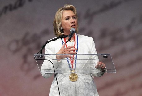 Former U.S. Secretary of State Hillary Clinton speaks at the Liberty Medal ceremony after receiving the award, at the National Constitution Former U.S. Secretary of State Hillary Clinton speaks at the Liberty Medal ceremony after receiving the award, at the National Constitution