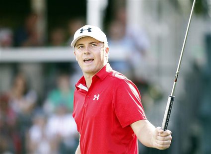 Jordan Spieth of U.S. reacts after missing a birdie on the 18th green during the final round of the Tour Championship golf tournament at Eas Jordan Spieth of U.S. reacts after missing a birdie on the 18th green during the final round of the Tour Championship golf tournament at Eas