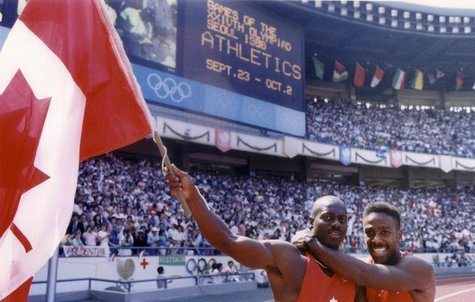 Ben Johnson of Canada (L) celebrates with team mate Desai Williams after winning the men's 100 meters sprint final at the Olympics in Seoul Ben Johnson of Canada (L) celebrates with team mate Desai Williams after winning the men's 100 meters sprint final at the Olympics in Seoul