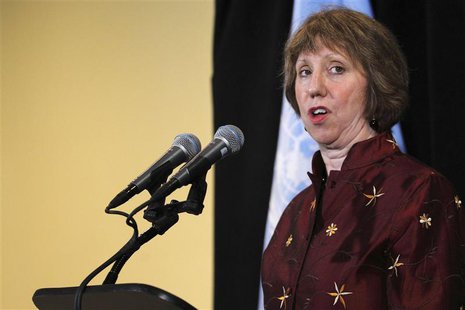 European Union foreign policy chief Catherine Ashton speaks to the media, following a meeting with Iranian Foreign Minister Mohammad Javad Z European Union foreign policy chief Catherine Ashton speaks to the media, following a meeting with Iranian Foreign Minister Mohammad Javad Z